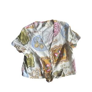 Joie Women White Citrus Sun Print Linen Blend Tie Front Button Down Top Size 8